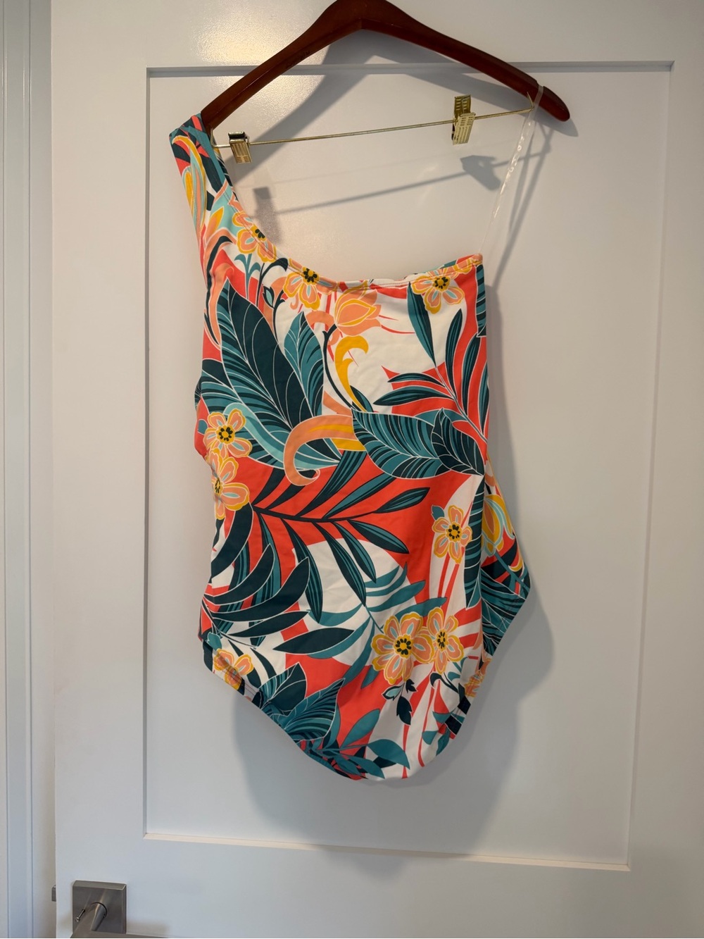 Jantzen One-Shoulder Tropical Floral Swimsuit - Coral, Teal & Yellow